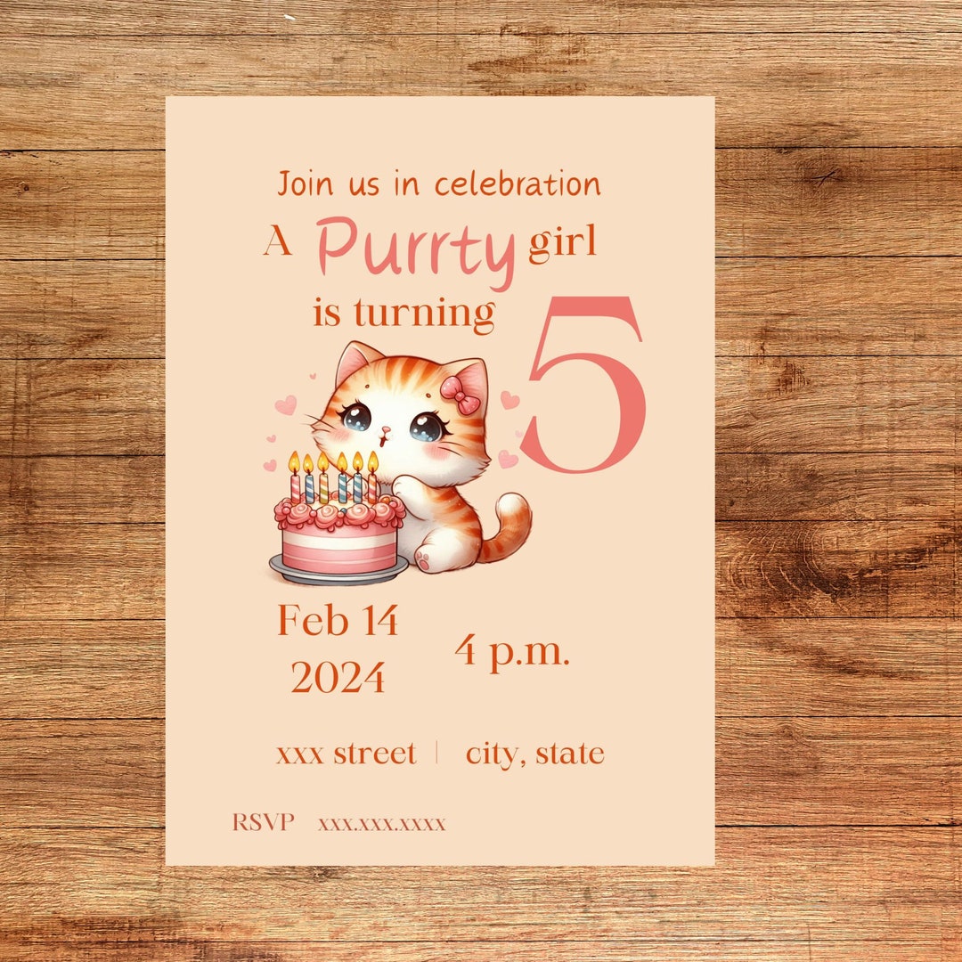 Editable, Printable, Digital Cute Kitten Birthday Party Invitation ...