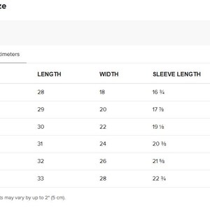 May include: A white size chart with measurements in inches for a garment. The chart includes size labels S to 3XL, with corresponding length, width, and sleeve length measurements. The text "Find your size" is at the top.