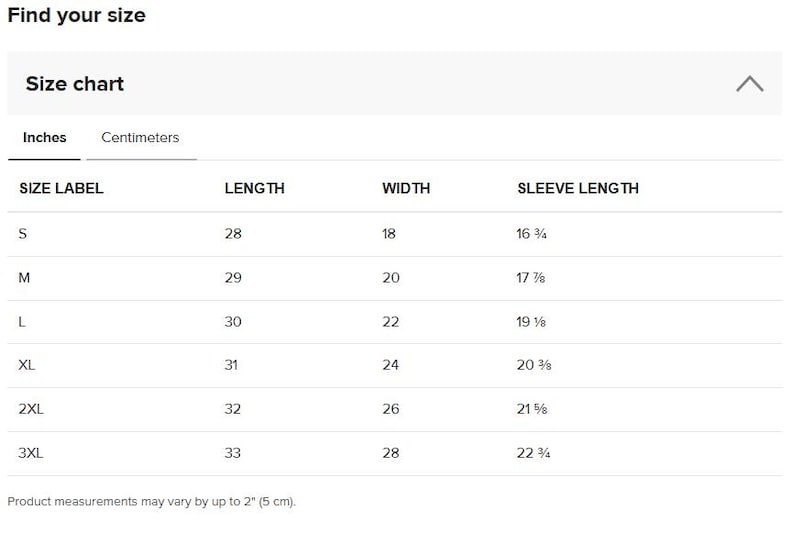 May include: A white size chart with measurements in inches for a garment. The chart includes size labels S to 3XL, with corresponding length, width, and sleeve length measurements. The text "Find your size" is at the top.