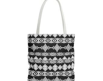 Must Have Aztec Print Tote Bag - Black with White Design - High-quality Polyester & Cotton webbing straps