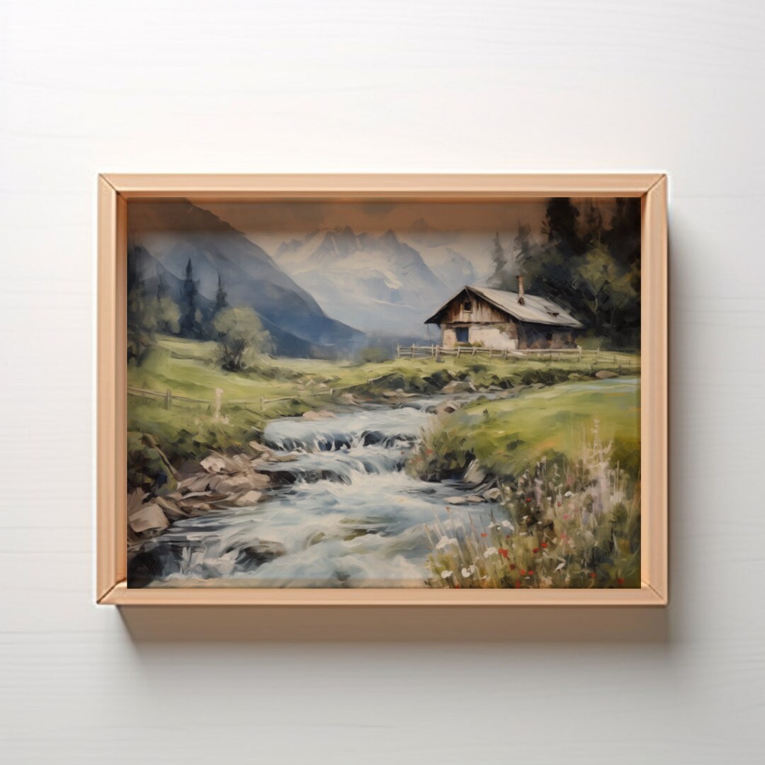 Printable Austrian Alps Oil Painting, Picturesque Log Cabin in the ...