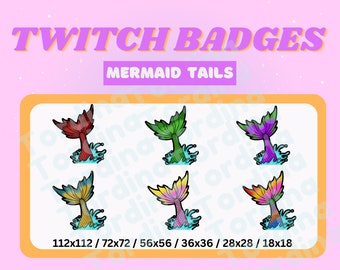 Può includere: Sei badge Twitch di coda di sirena di diversi colori e dimensioni: 112x112, 72x72, 56x56, 36x36, 28x28 e 18x18.
