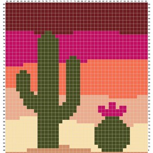 May include: A pixel art image of a desert landscape with two cacti. The larger cactus is green and has a tall, slender stem with multiple arms. The smaller cactus is green with a pink flower on top. The background is a sunset with shades of orange, red, and pink.