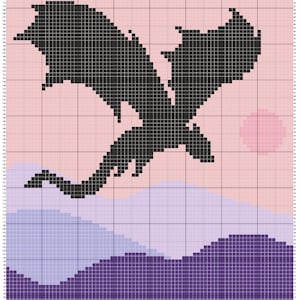 Puede incluir: Una silueta negra de un dragón volando contra un atardecer rosa y morado. El dragón tiene dos alas y una cola larga. El atardecer se representa con un degradado de rosa, morado y azul.
