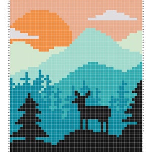 May include: A pixel art design featuring a sunset over a mountain range with a moose and two pine trees in the foreground. The sky is a gradient of orange, pink, and light blue. The mountains are a light green and blue. The moose is black and the trees are black against a teal blue background.