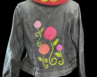 Custom hand-painted upcycled jean jacket with whimsical flowers, women's medium