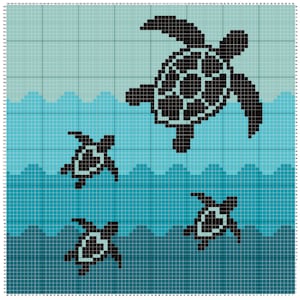 Könnte beinhalten: Ein Pixel-Art-Design mit vier Meeresschildkröten, die in einem blauen Ozean schwimmen. Die größte Schildkröte befindet sich oben im Bild, mit drei kleineren Schildkröten, die darunter schwimmen. Die Schildkröten sind schwarz und weiß, und der Ozean ist ein Blauverlauf.