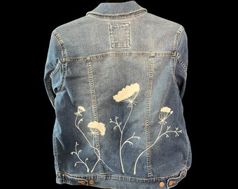 Custom hand-painted upcycled jean jacket with white flowers, women's medium