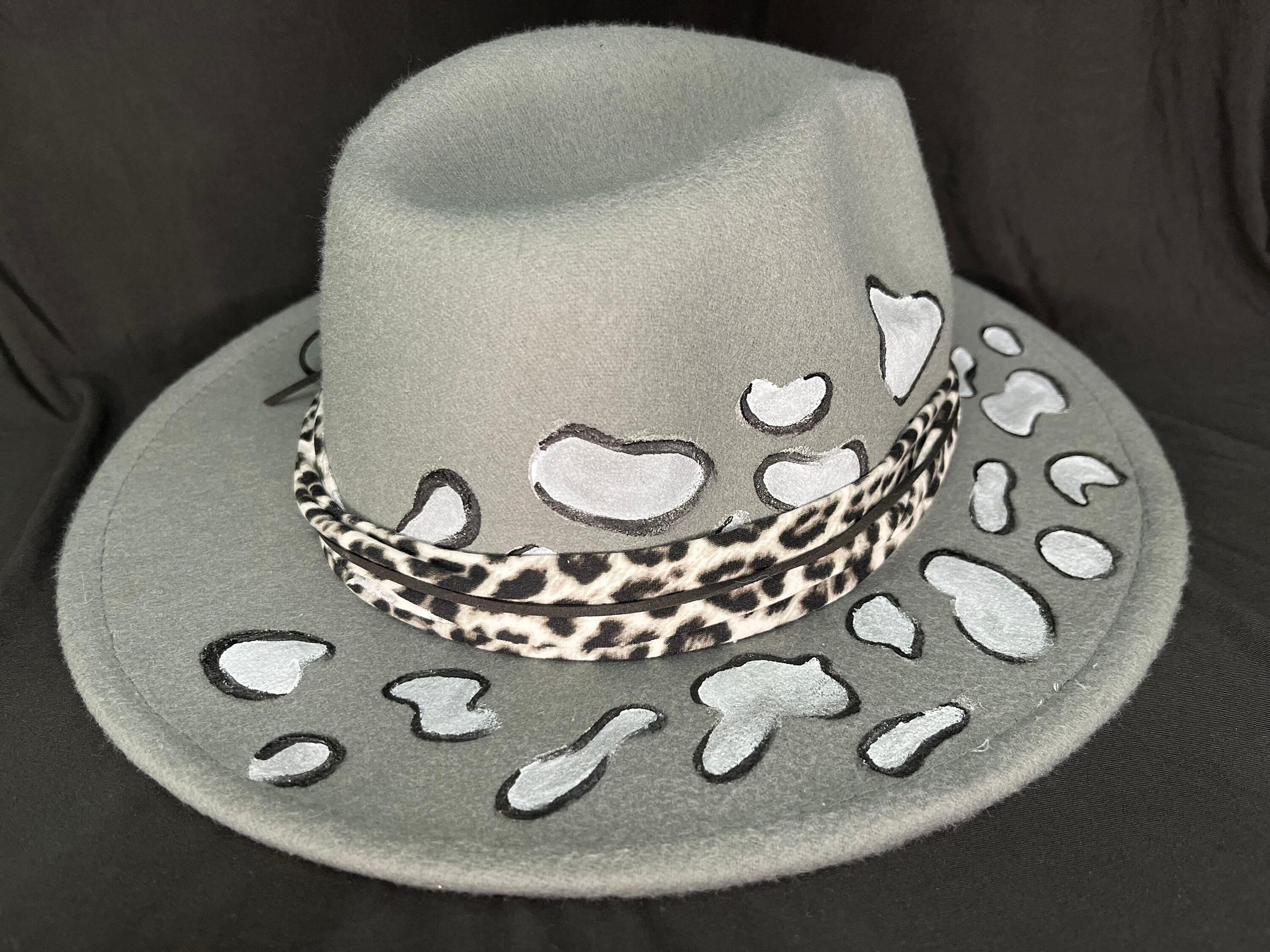 Gray Snow Leopard Hand Painted Felt Fedora Hat, Adjustable  display picture 3