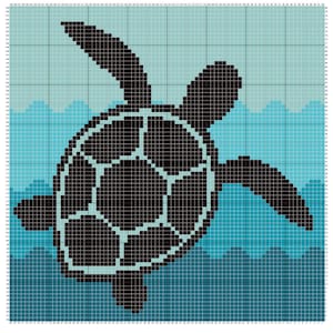 May include: A black silhouette of a sea turtle swimming in blue water. The turtle is facing left and has a detailed shell. The water is represented by a pattern of blue and teal squares.