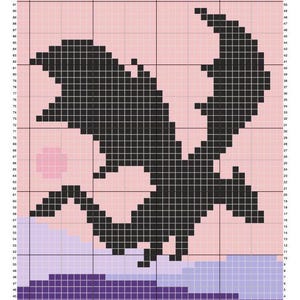 May include: A black pixel art dragon with a pink and purple background. The dragon is facing the right side of the image.