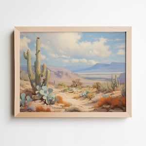 Vintage Desert Painting - Desert with Saguaro Cactus, Distant Mountains, Southwestern, Neutral Colors - Digital Wall Art