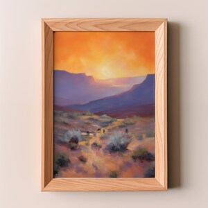 Desert Oil Painting - Impressionism, Desert Valley, Golden Sunset, Wild Horses, Distant Mountains, Southwestern - Digital Wall Art