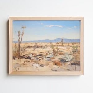 Contemporary Desert Oil Painting - Arizona Desert with Cactus, Brushstrokes, Distant Mountains, Southwestern - Digital Wall Art