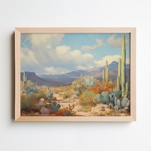 Vintage Desert Painting - Desert with Saguaro Cactus, Open Skies, Distant Mountains, Southwestern Style, Neutral Colors - Digital Wall Art