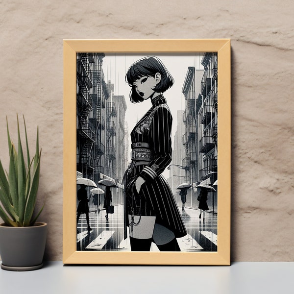 Chic Urban Rainy Day Monochrome Art Print - Modern Androgynous Fashion Illustration with Cityscape, Striped Dress and Bob Cut, Wall Art