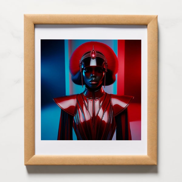 Ruby Radiance Afrofuturism Artwork, Striking Cyber Queen Portrait, Futuristic Red & Blue Wall Art, Edgy Fashionista Decor Print, Fashion