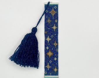 Starry Night Sky Blue and Gold Bead Loom Bookmark | Miyuki Delica Beads Tassel Bookmark