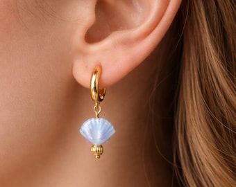 Ceramic Shell Hoop Earrings, 18k Gold Plated