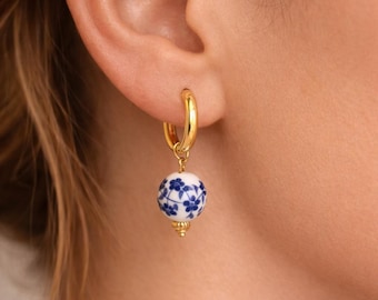 Blue and White Porcelain Hoop Earrings, 18k Gold Plated
