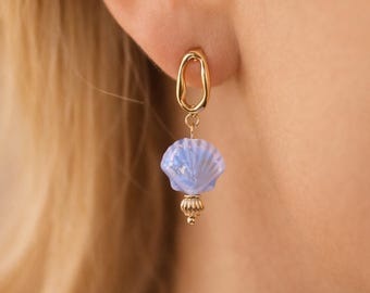 Ceramic Shell Dangle Earrings, 18k Gold Plated