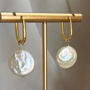 18k Gold Plated Oval Hoops with Genuine Large Flat Coin Freshwater Pearl
