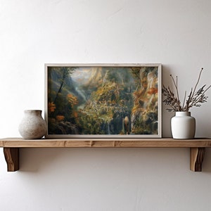 May include: A framed painting depicting a fantasy landscape with a village nestled in a valley surrounded by waterfalls and lush greenery. The painting features a vibrant color palette with shades of green, brown, and blue.