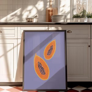 Papaya Art Print, Fruits, Modern Wall Art, Kitchen Wall Decor, Kitchen, Cute Papaya, Purple Art, Pastel, Summer Art, Digital Download