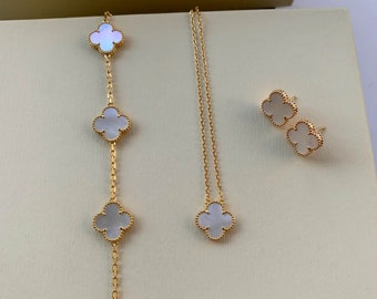 Four Leaf Clover 18K Gold / Silver Plated Jewelry Sets High Quality Earrings Bracelet Necklace Set VCA Van Cleef Alhambra Mother Of Pearl