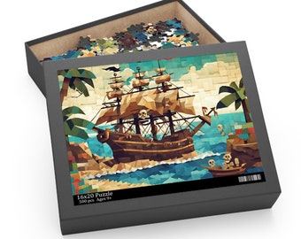 Pirate Ship Puzzle in Paper Mosaic Style Pirate Puzzle Child Adult Caribbean Ship Puzzle (120, 252, 500 Pieces)