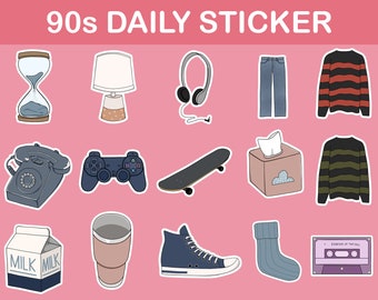 90's Daily digital sticker pack , icon goodnotes sticker , striped clothes jean sneaker , everyday use , PNGS with outline