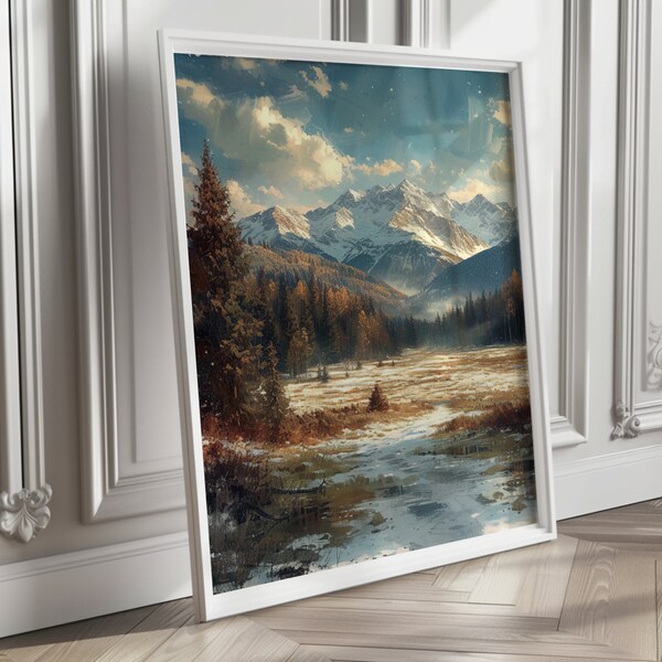 Snowy Landscape | Printable Antique Mountain Art | Warm Valley Tone | Winter Pine Forest