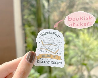 Introverted But Willing To Discuss Books Kiss-Cut Sticker, Sarcastic Book Lover Water Bottle, Tumbler, Laptop Sticker, Cute Bookworm Sticker