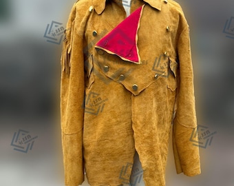 May include: A brown suede jacket with a red and gold trim. The jacket has a fringe on the sleeves and a button closure.