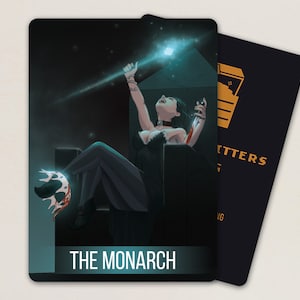 May include: A tarot card with a dark background featuring a woman in a black dress sitting on a throne, holding a glowing staff and a knife. The card is titled "The Monarch".