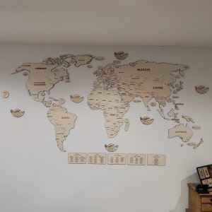 Carte du monde en bois Loft 3D, carte en bois pour mur, carte murale en bois, grande carte murale, art mural de la carte du monde, AI, laser