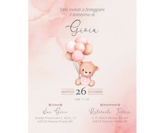 Invito battesimo digitale orsetto rosa personalizzabile – file personalizzabile