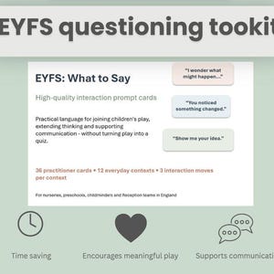 May include: An EYFS questioning toolkit featuring 36 interaction prompt cards for nurseries and preschools. The white card set includes text about supporting communication, plus three example speech bubbles and icons for time, hearts, and speech.