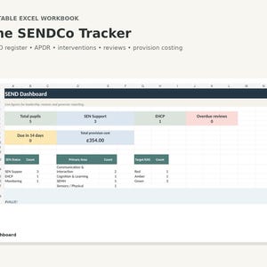 May include: An editable Excel workbook titled The SENDCo Tracker, featuring a SEND dashboard with data tables for pupil counts, SEN support, EHCP, and provision costs. The layout includes colour-coded cells for status, primary areas, and RAG ratings.