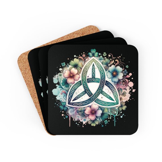 Unique Black Drink Coaster Adorned with Triquetra and Flowers