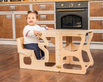 Taburete con respaldo Torre Montessori Mesa para niños Silla de aprendizaje Torre de actividades Torre de cocina Taburete de aprendizaje Taburete de madera