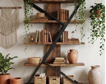 Crafted Rustic Five-Tier Wooden Metal Storage Shelf Industrial Farmhouse Display Rack for Living Room Bedroom Home Office Organizer Decor