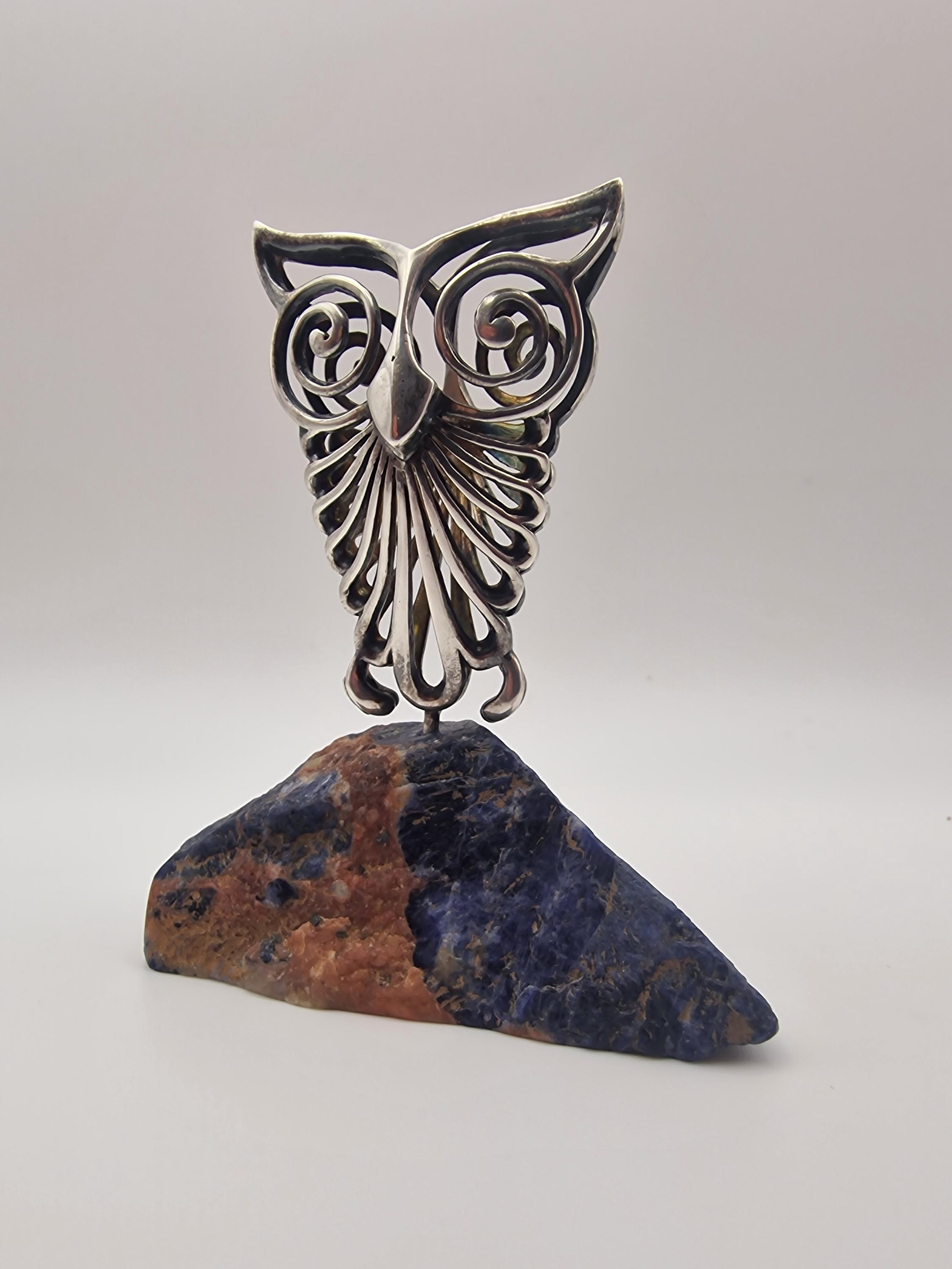 Ilias Lalaounis Sterling Silver Owl Statue - Sodalite Base, Circa