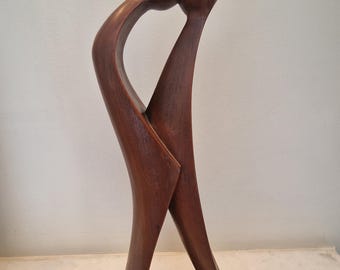 Vintage Arne Basse Teak Sculpture: 1960s MCM Danish Girl Art