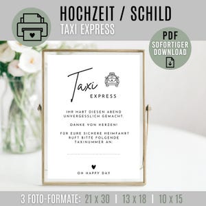 Könnte beinhalten: Ein gerahmtes Schild mit den Worten "Taxi Express" und einer Taxi-Illustration. Das Schild enthält Text auf Deutsch und Englisch, mit dem Satz "Oh Happy Day" unten. Der Rahmen ist goldfarben.