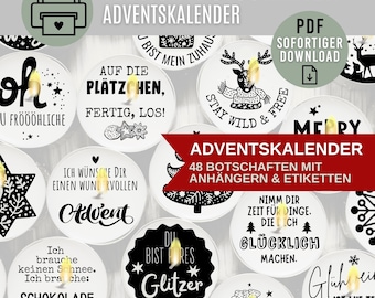 Adventskalender med värmeljus | DIY-adventskalender för nedladdning i PDF-format | Ljustatueringar och ljusklistermärken | Digitalt utskrivbart DIY-motiv