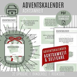 May include: A printable mindfulness advent calendar set featuring a jar illustration with red ribbon, containing rolled notes. The design includes sage green and white cards with German text, a PDF download icon, and a red label reading ADVENTSKALENDER ACHTSAMKEIT & SELFCARE.