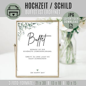 Könnte beinhalten: Ein gerahmtes Schild mit dem Wort "Buffet" in eleganter Schrift, akzentuiert mit Grün. Das Schild enthält Text auf Deutsch mit einer kleinen Herzgrafik. Der Rahmen ist goldfarben, und das Schild wird vor einem verschwommenen floralen Hintergrund angezeigt.