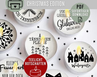 Messaggi natalizi per lumini | Messaggi stampabili per lumini | Tatuaggi e adesivi per candele | Regalo di Natale fai da te | Download PDF
