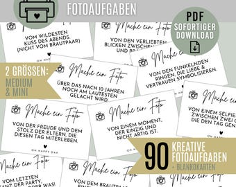 May include: A collection of white cards with black text, designed for a wedding game. The cards feature prompts for taking photos, with phrases like "kiss of the evening" and "selfie." The design includes a printer icon and the words "90 creative photo tasks."